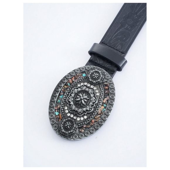 Women's Rhinestone Buckle Belt Floral Embossed Turquoise Leather Belt Cowgirl💝 - Picture 2 of 5